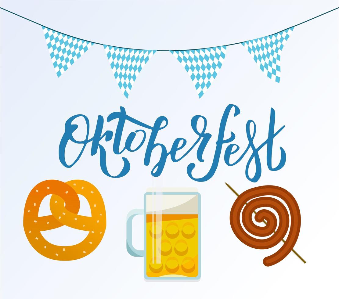 oktoberfest handgeschreven penseelletters. pub voedsel set van platte vectorillustratie met Beierse slinger driehoekige tags. bier, mok, snack, krakeling, worst. voedselset voor pubontwerp, bierrestaurant vector