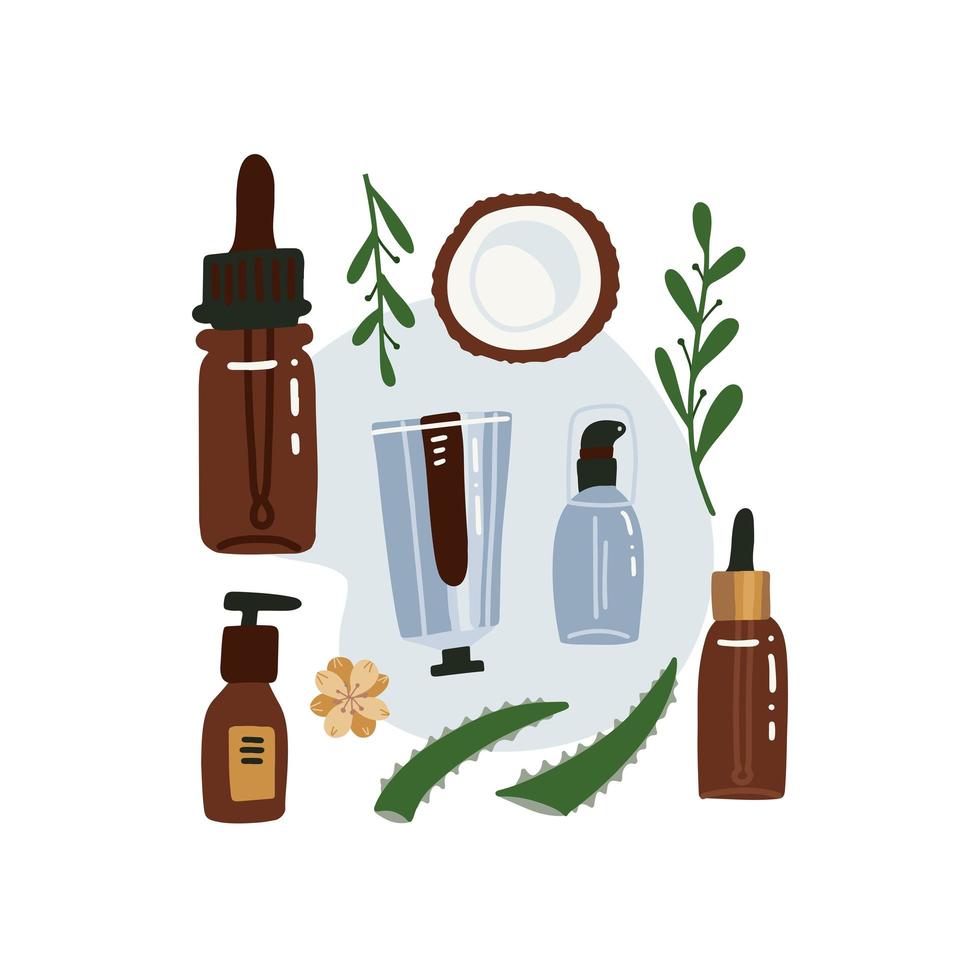 biologische cosmetica bovenaanzicht platte vectorillustratie geïsoleerd op een witte achtergrond. glazen flessen en metalen buis met planten, bloem en aloë. vector