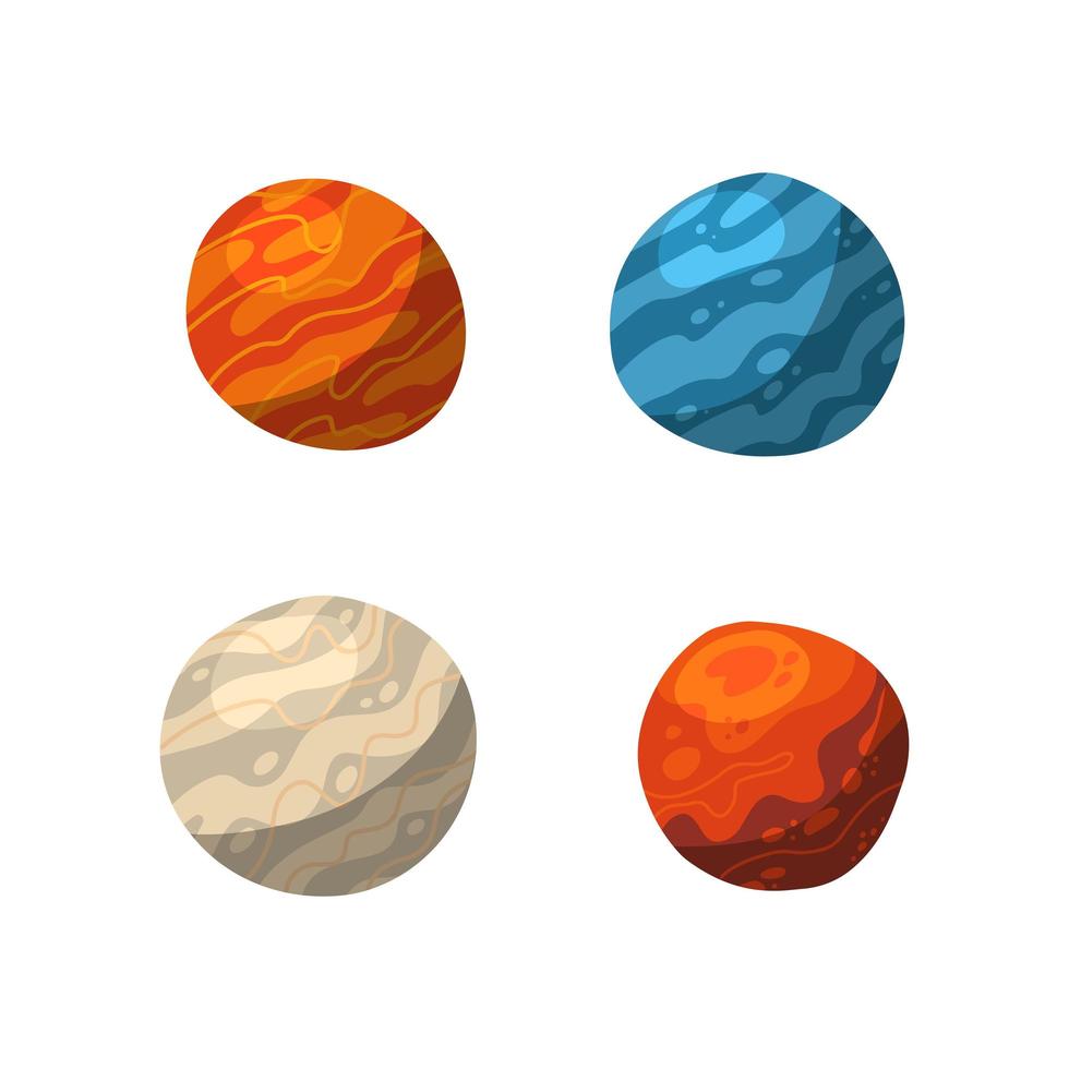 vier levendige kleurrijke planeten schaduwen en lichten. conceptuele pictogrammen in de ruimte in moderne platte vectorontwerpstijl vector
