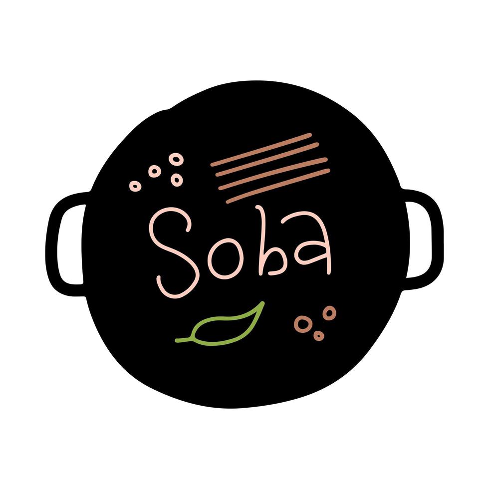 soba, boekweitnoedels logo. traditionele Japanse schotelsticker met lineaire belettering. pan met noedels, eieren en groenten. restaurantmenu, posterontwerpelement vector