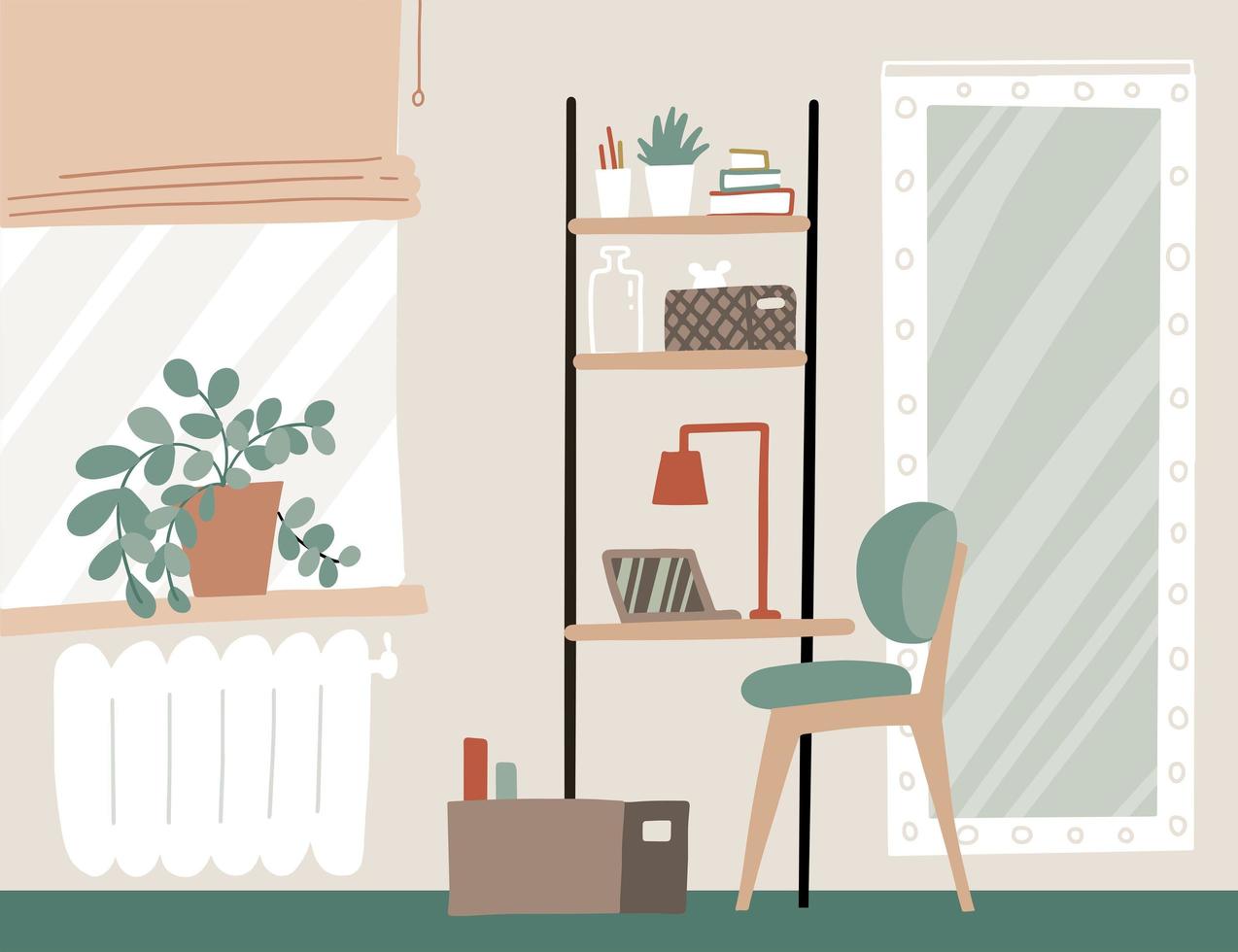 werkplek thuis. kantoor aan huis interieur in scandinavische stijl. tafelplank met laptop, boeken, raam. modern lagom interieur in beige kleuren. vector platte hand getekende illustratie.