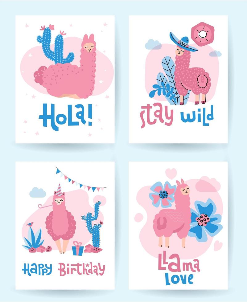 lama en alpaca verzameling schattige handgetekende illustraties, wenskaarten en ontwerp voor kinderkamerontwerp, poster. super leuke heldere print set. belettering qoutes - gelukkige verjaardag, hola, liefde, blijf wild vector