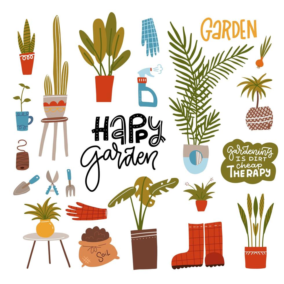 tuinset met tuingereedschap, huisplanten en modder, zin voor plantenliefhebbers, schaar, vork, troffel, gieter, palm, cactus. platte vectorillustratie met belettering citaten. vector