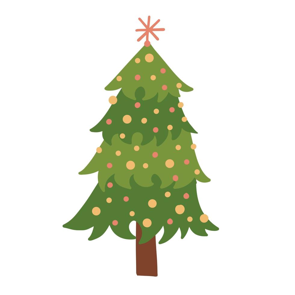 kerstboom versierd met ballen en ster. vectorillustratie cartoon geïsoleerd op een witte achtergrond. vector platte clipart. slechts 5 kleuren - gemakkelijk opnieuw te kleuren.