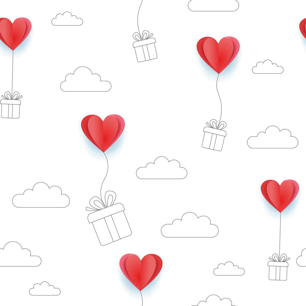 Valentijnsdag harten ballonnen met lijn kunst geschenkdozen en wolken achtergrond. naadloze patroon voor gelukkige moeder s of Valentijnsdag wenskaart ontwerp. vector 3d en vlakke afbeelding