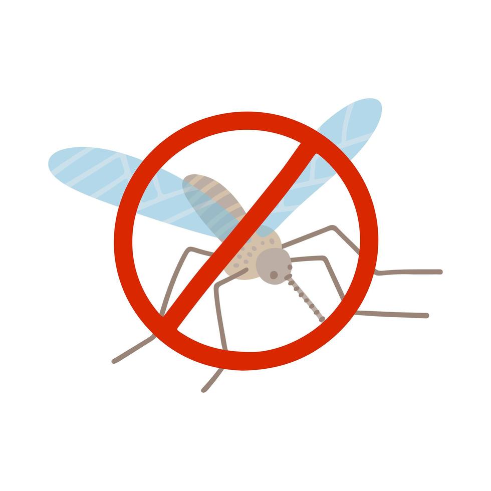 geen mug stopbord in een rode doorgestreepte cirkel. zichzelf te beschermen tegen ziekten die zich verspreiden door muggen. symbool met platte vectorillustratie van muggenwaarschuwing gevaar vector