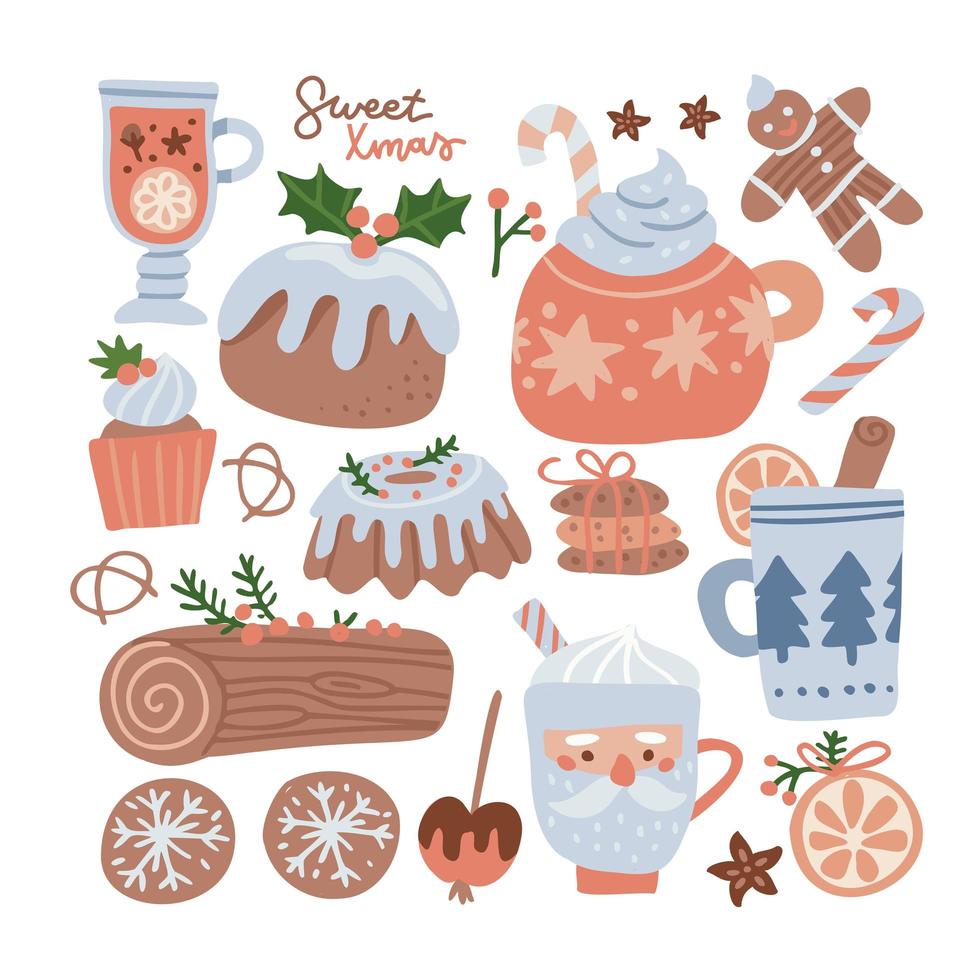 kerst eten en drinken grote schattige set. peperkoekman, snoep, koekjes, cupcake, pudding en andere zoetigheden met gezellige vakantiemokken, kopjes. kleurrijke stickers voor nieuwjaarsmenu. platte vectorillustratie. vector