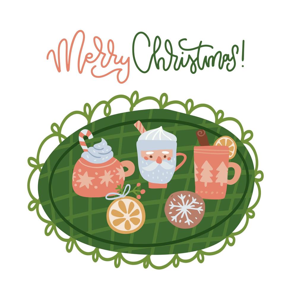 vrolijk kerstfeest wenskaartsjabloon. schattige mokken met warme dranken met koekje op kanten kleedje. platte hand getekende vectorillustratie met belettering tekst. vector