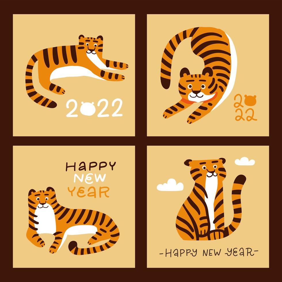 set banners of kaarten met grappige tijgerkarakters voor chinees gelukkig nieuwjaar 2022. concept voor jaar van de tijger. creatieve platte handgetekende vectorillustratie met belettering tekst vector