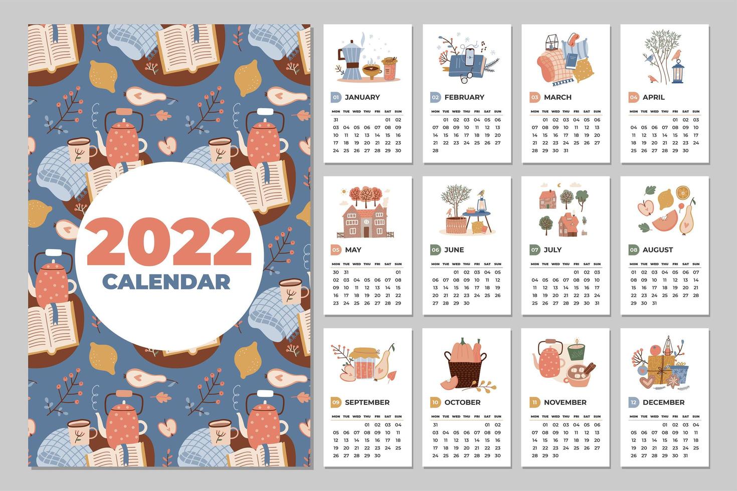 muur kalendersjabloon. 2022 jaarplanner met alle maanden. gezellige organisator en planning. schattig huis interieur elementen achtergrond. platte vectorillustratie in trendy stijl. 7x11 inch vector