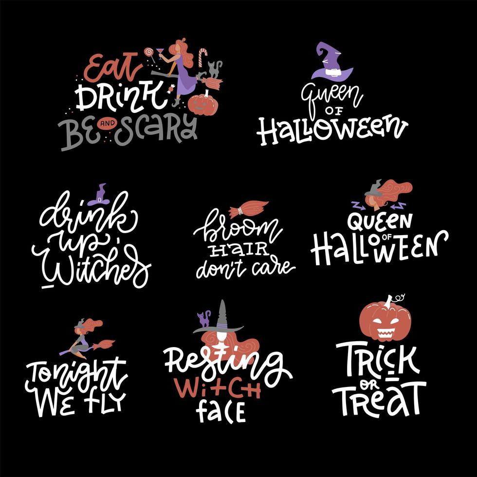 happy halloween overlays, belettering etiketten ontwerpset. trendy vakantiebadges. hand getekend geïsoleerd embleem met citaat en illustraties. heks partij teken of logo. ontwerp voor halloween-foto-overlays vector