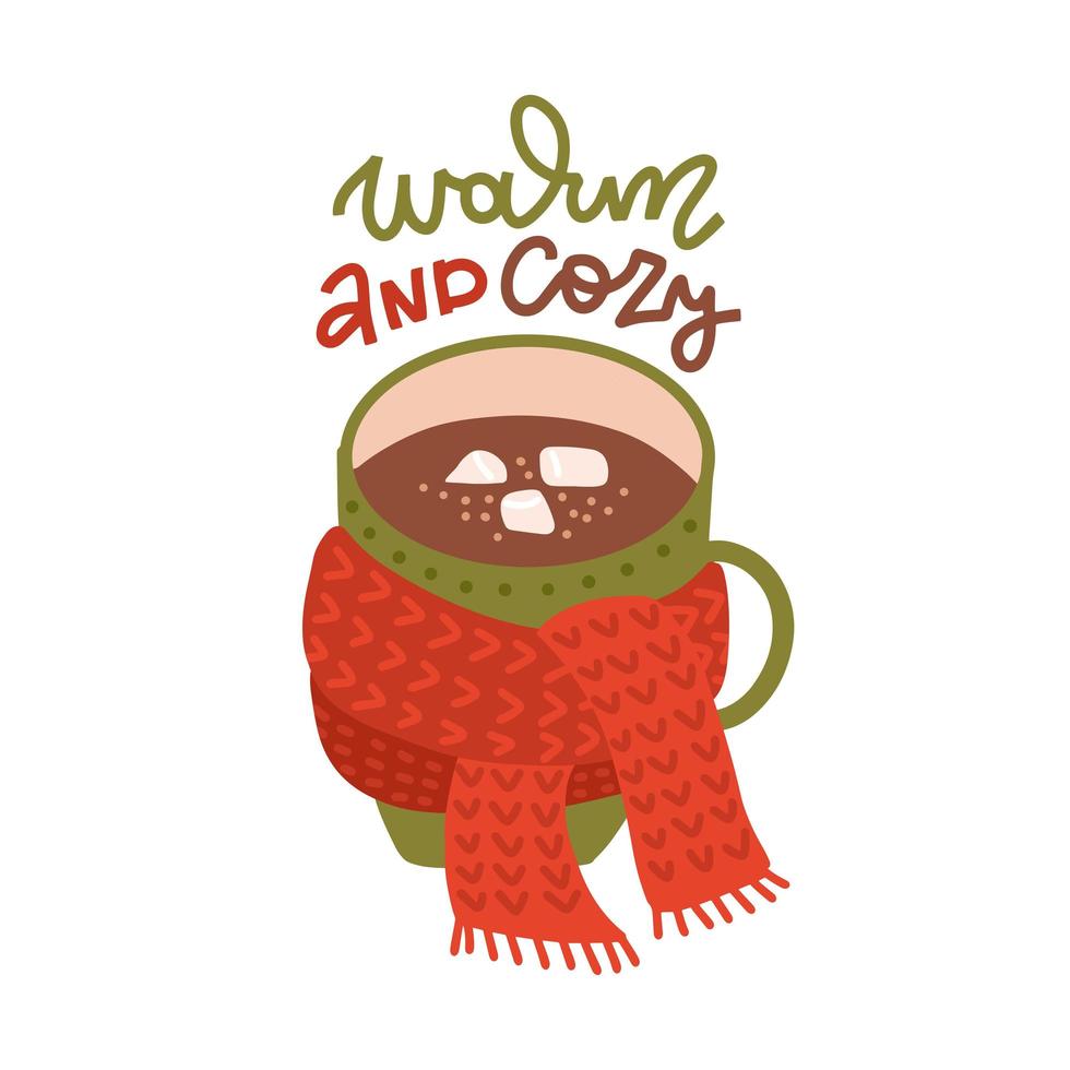 chocoladekop met gebreide rode sjaal. gezellige wintersamenstelling groene kop warme drank met marshmallows. platte vectorillustratie met gezellige merry christmas belettering citaat - warm en gezellig. vector