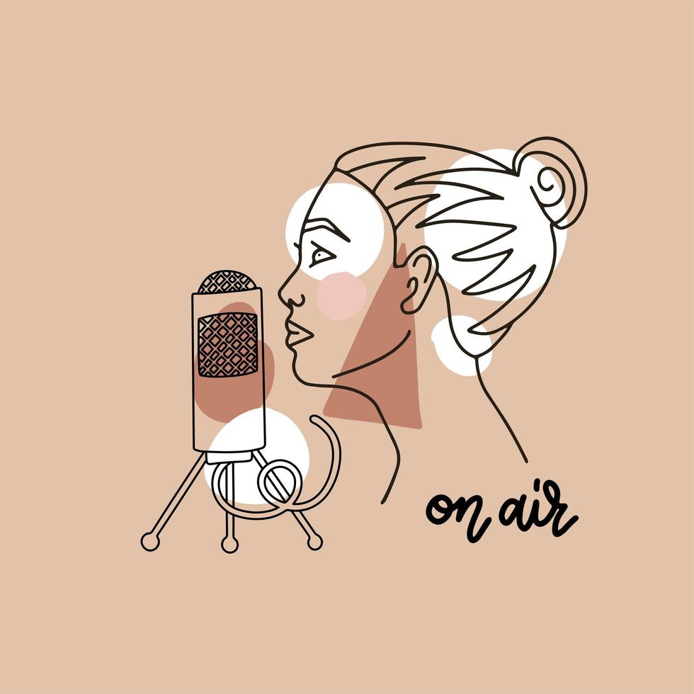 podcasting-concept. jonge vrouw die een show opneemt in een studio. schattige vrouwelijke gastheer maakt een nieuwe inhoud voor haar sociale-mediablog in de lucht. vector trendy lineaire abstracte illustratie in pastel retro-stijl..