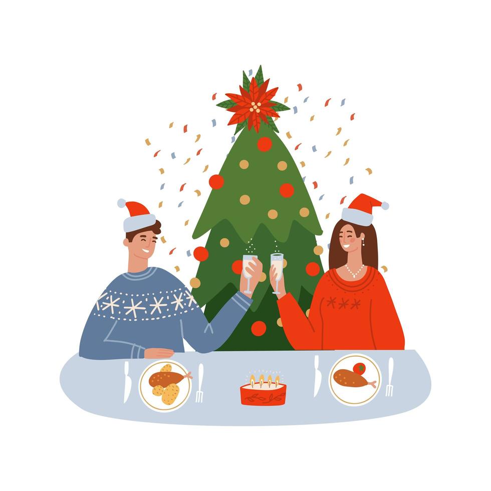 paar vieren nieuwjaar of kerstmis zittend aan tafel met kerstvoedsel in bord. vakantie toast. huis met kerstboom. vector platte hand getekende illustratie.