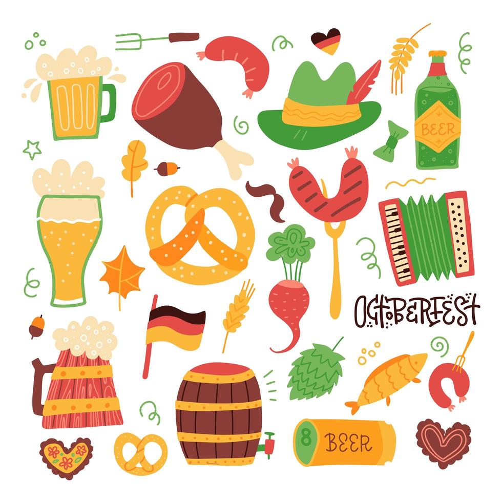 clip art oktoberfest set - gegrilde worst, worst op een vork, glas bier, bier kan, Duitse vlag, zachte krakeling, snor, houten vat geïsoleerd op wit. platte vectorillustratie. vector