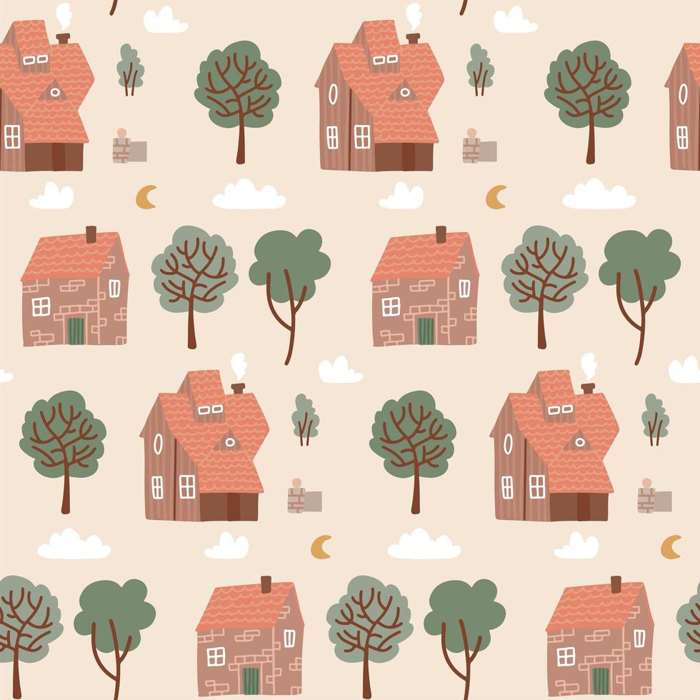 naadloze pastel kleurrijke patroon met huizen en groene bomen. huiskrabbelpatroon voor kinderstof, textiel, kinderdagverblijfbehang. herhaalde dorps platte vectorillustratie met verschillende kleine gebouwen vector