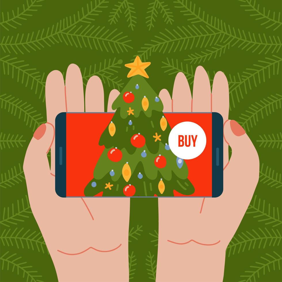 online kerstboom bestellen. twee handen met de telefoon met versierde spar. service voor de levering van kerstbomen. vector illustratie plat ontwerp
