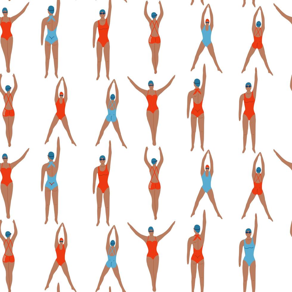 atleten meisjes in zwembroek naadloos patroon. vrouw zwemmen. vrouwelijke zwemmers im verschillende poses. geïsoleerd op wit. bovenaanzicht. platte vectorillustratie. vector