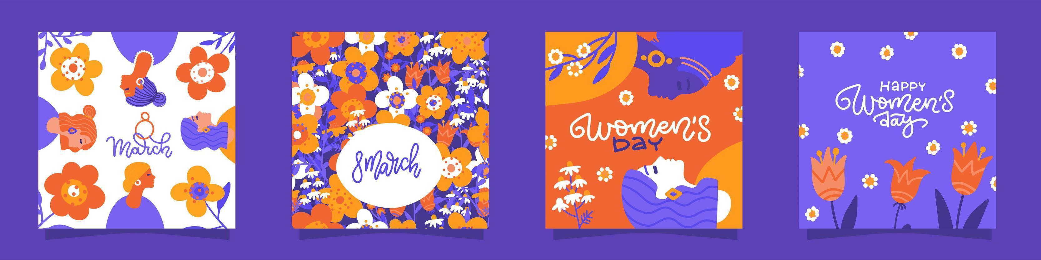 set wenskaart- of ansichtkaartsjablonen met bloem- en vrouwelijke feminismeactivisten en gelukkige vrouwendagwensteksten. moderne feestelijke platte vectorillustratie voor 8 maart viering. vector