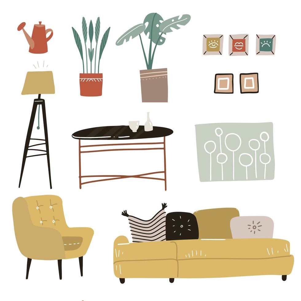 trendy interieurelementen. moderne meubels voor de woonkamer - bank, fauteuil, statief, salontafel, planten en foto's. platte hand getekende vectorillustratie vector