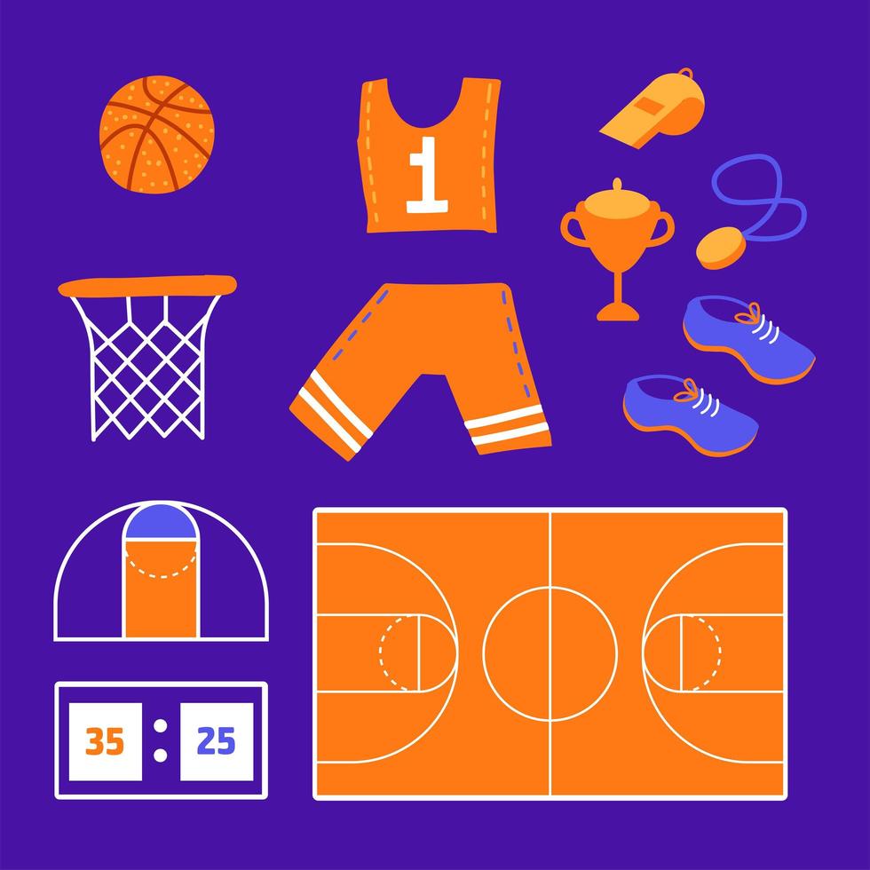 handgetekende basketbalset. platte sportgerelateerde pictogrammen, basketbalelementen, bal, hoepel, net, mand, bord, nummer, sportkleding, sportschoenen, winnaarbeker. vectorillustratie. vector