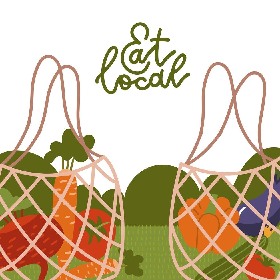 eet lokaal - belettering banner. netzakken met biologisch voedsel. trendy eco shopper met groenten. herbruikbare boodschappentassen van textiel. lokaal marktconcept. vector cartoon vlakke afbeelding.