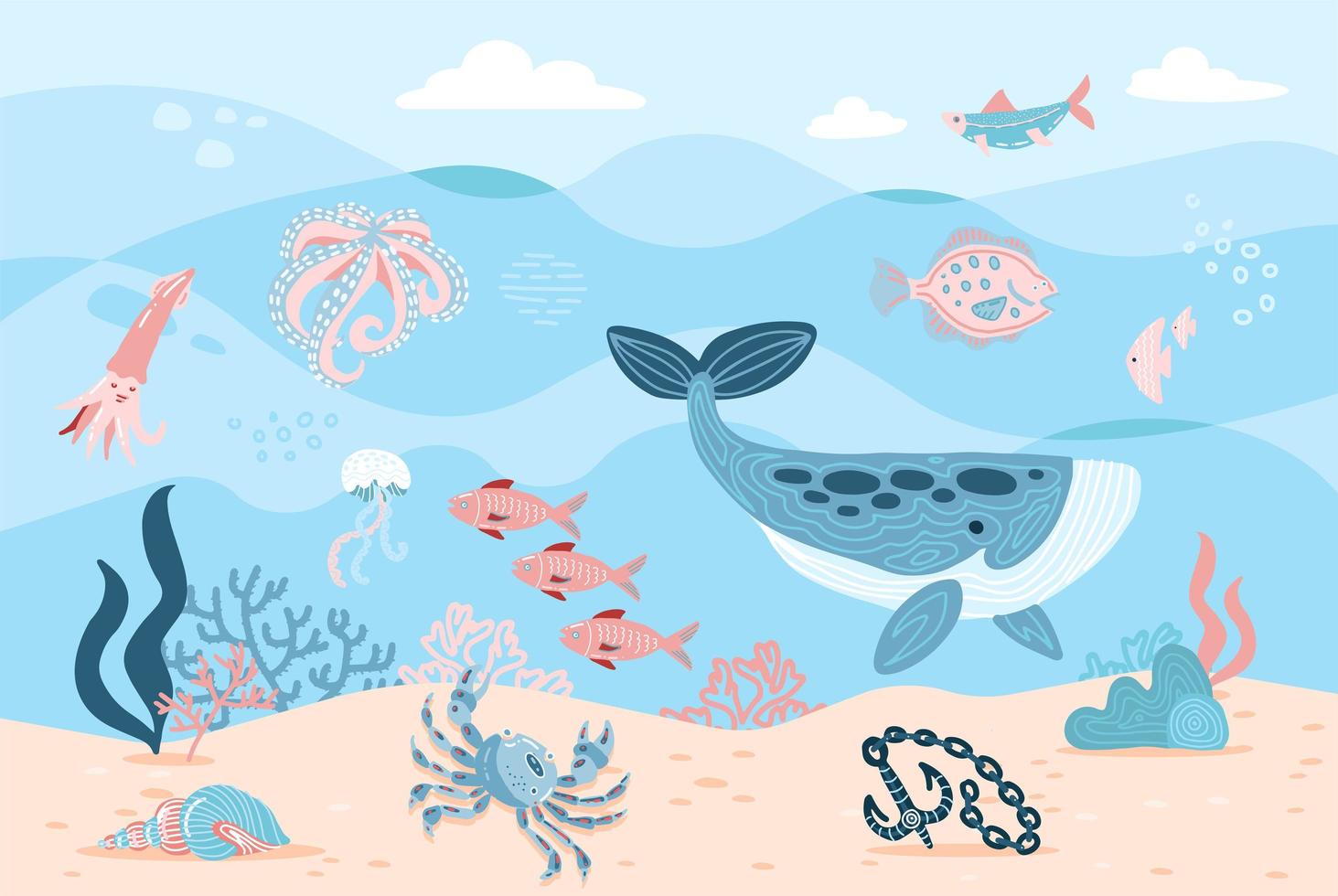 zee bewoners. octopus, walvis, vis, krab en algen. zeeleven op zeebodem met ankor op zand. hand getekende platte cartoon achtergrond. onderwater wereld. vectorillustratie van onderzees landschap vector