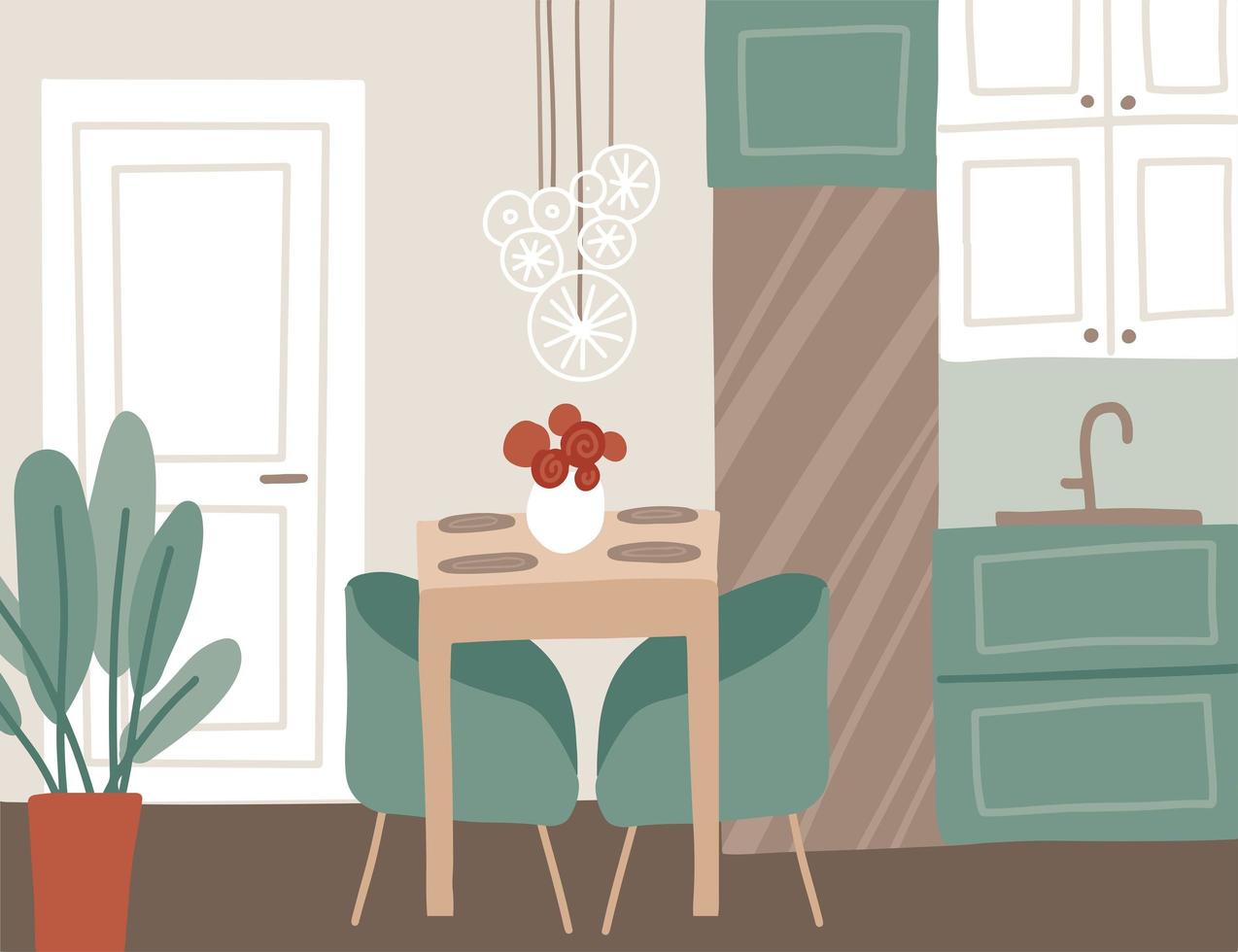 trendy eetkamer interieur in het appartement. keukeninrichting met tafel, lampen, stoelen, koelkast, vaas, bloemen, kasten, kookeiland en palmplant. vlakke stijl vectorillustratie. vector