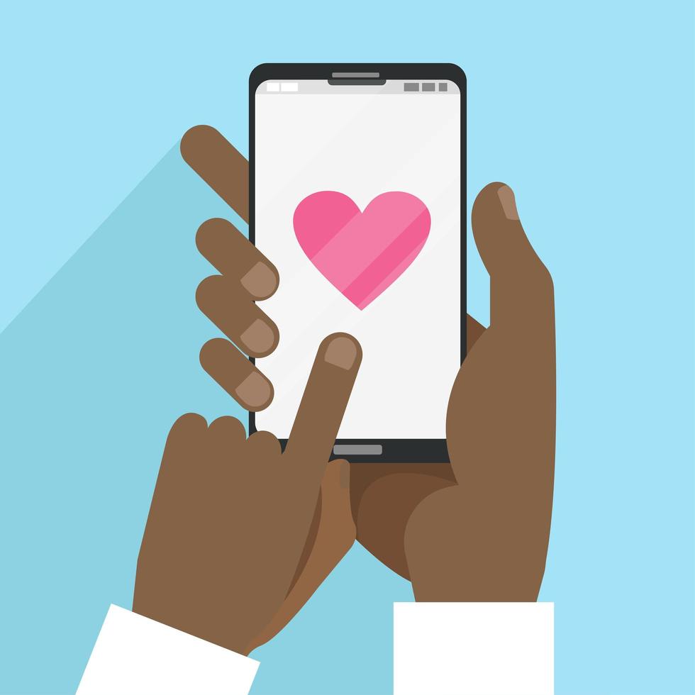 Valentijnsdag kaart met zwarte mannelijke handen met slimme telefoon met hart in platte cartoon-stijl. sociale media communicatie vector