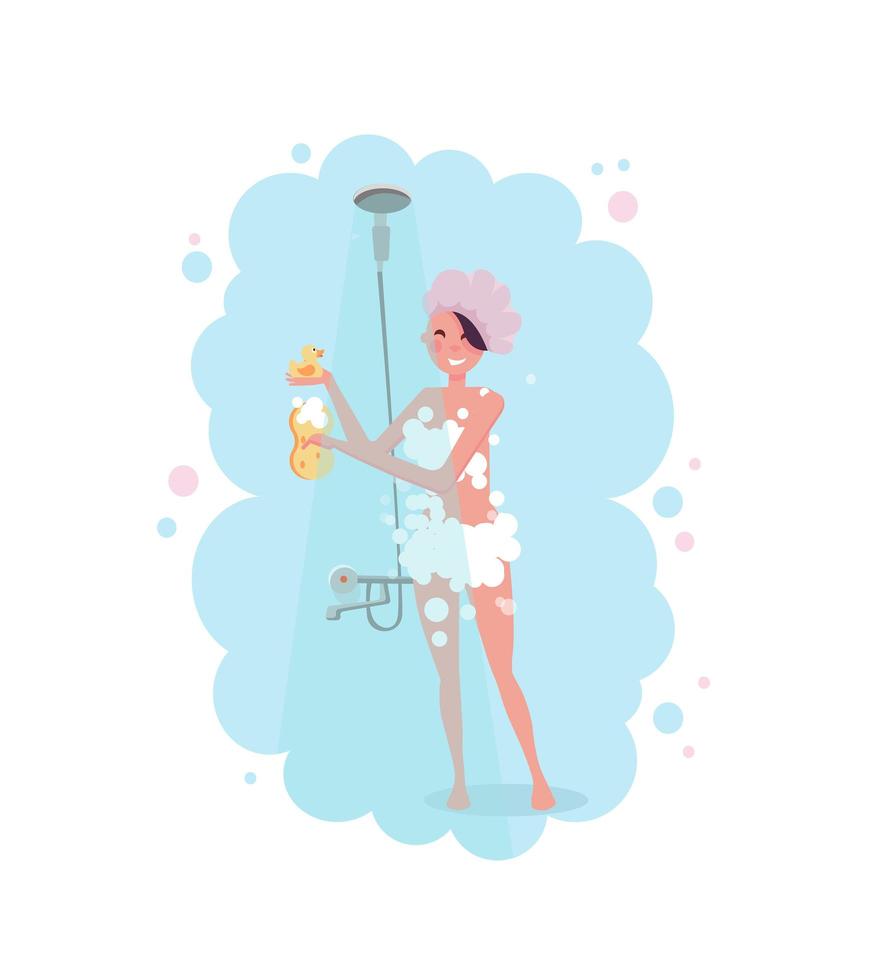 clipart van een gelukkige jonge vrouw in douchemuts die een douche neemt in blauwe stoom geïsoleerd op een witte achtergrond. platte cartoon vectorillustratie. vector