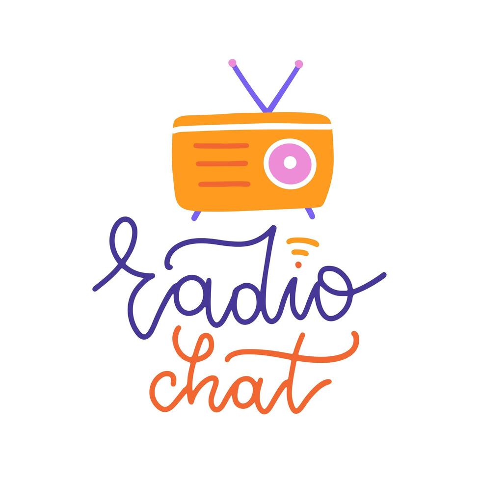 radiochat-logo. handgeschreven tekst sticker met abstracte vintage radio-ontvanger. schattige platte vectorillustratie geïsoleerd in witte achtergrondkleur. vector