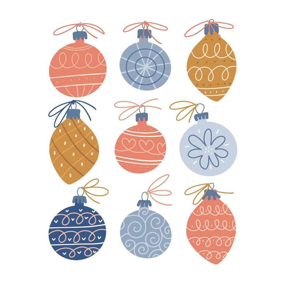 kerstballen in scandinavische stijl. set handgetekende kerstballen. decoratie geïsoleerde elementen. doodles platte vectorillustratie. winter decoratieve elementen. vector