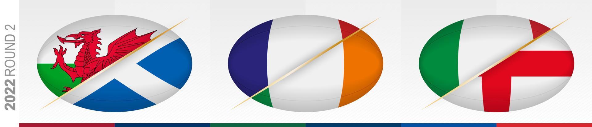 rugbywedstrijden van ronde twee wales versus schotland, frankrijk versus ierland, italië versus engeland. concept voor rugbytoernooi. vector