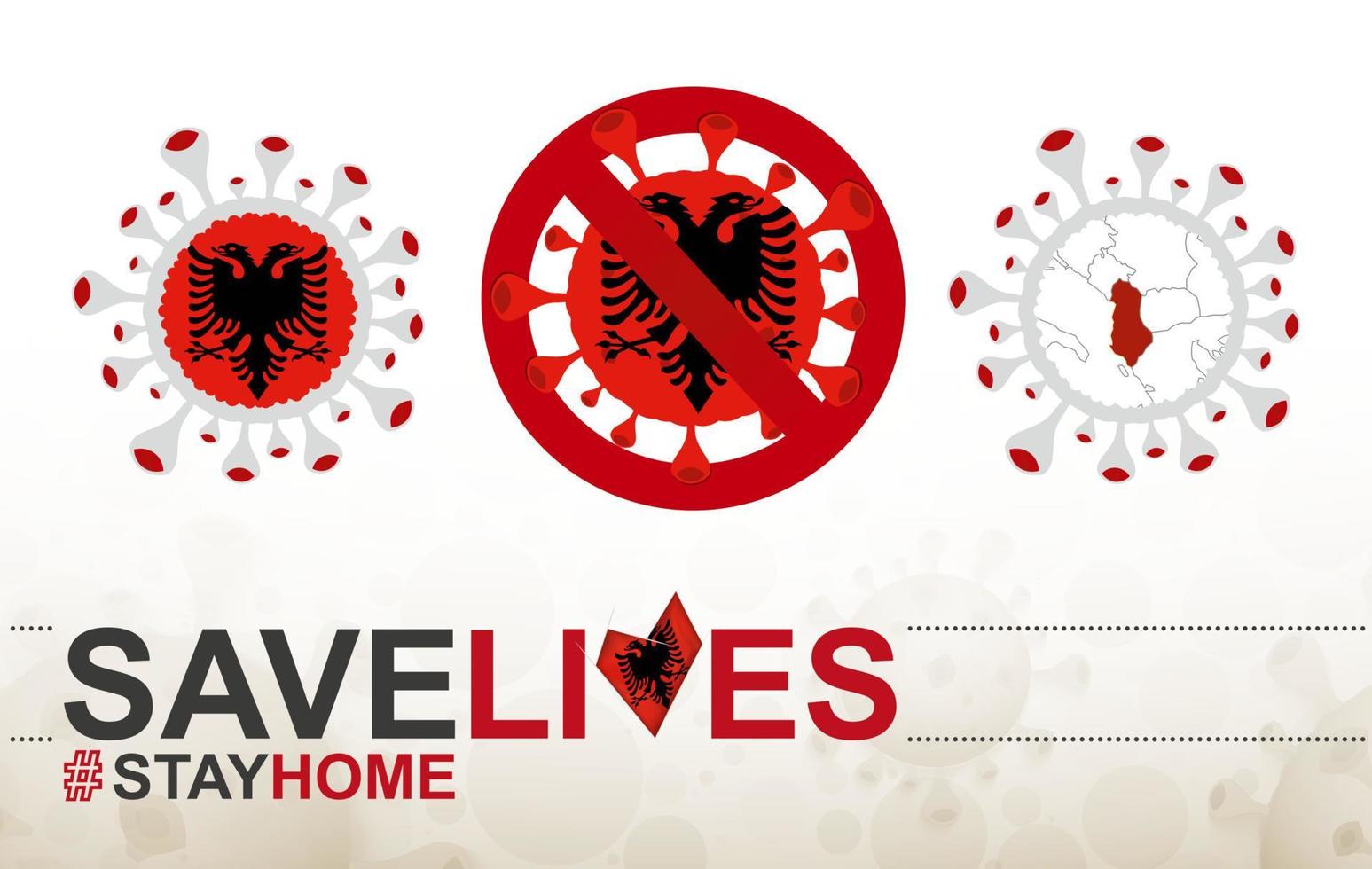 coronaviruscel met vlag en kaart van albanië. stop covid-19 teken, slogan red levens blijf thuis met vlag van albanië vector