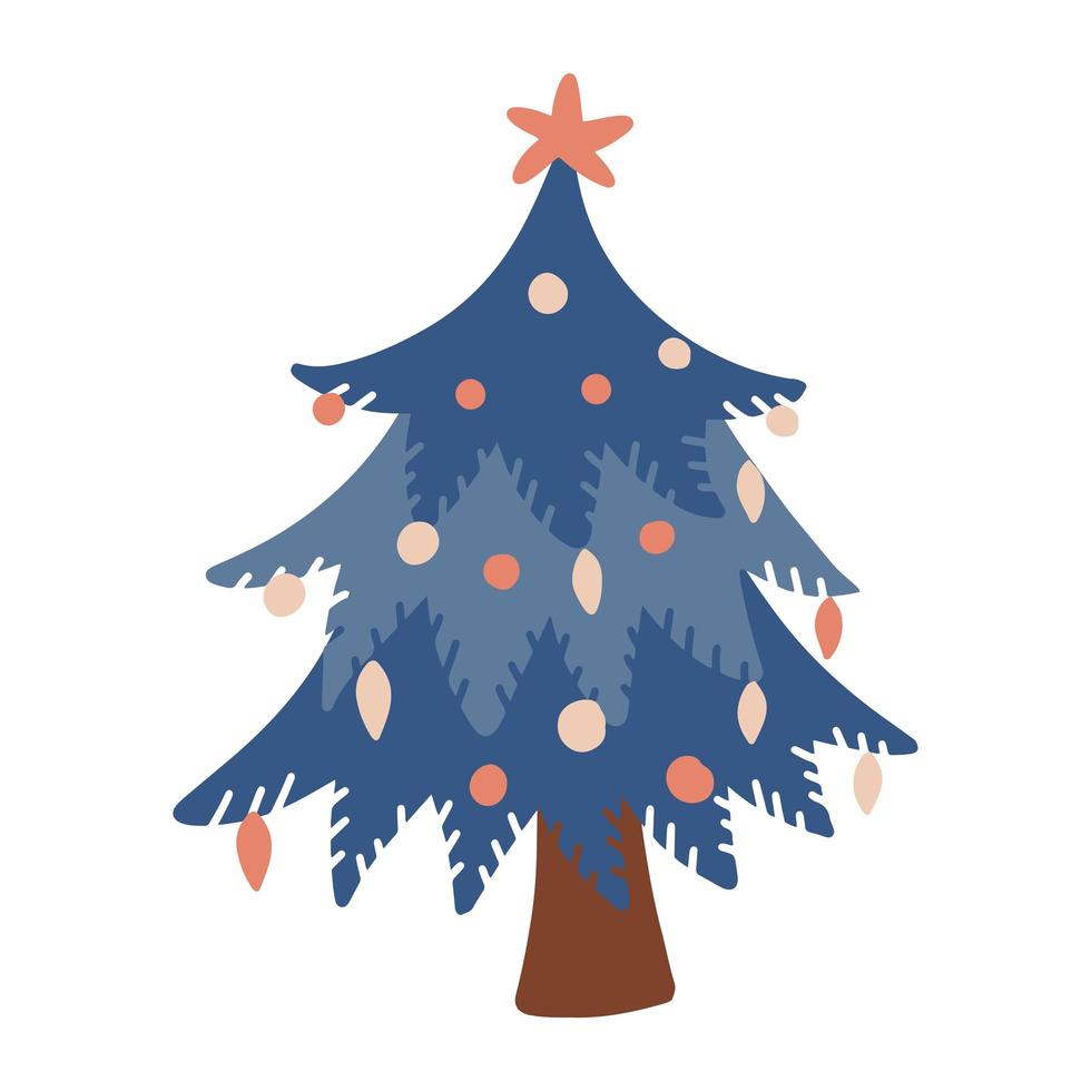 versierde kerstboom in blauwe kleuren. uit de vrije hand geïsoleerd element. platte vectorillustratie. slechts 5 kleuren - gemakkelijk opnieuw te kleuren. vector
