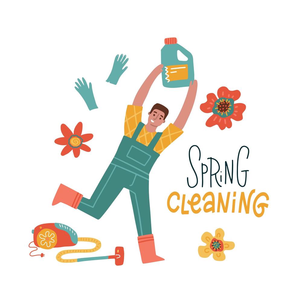 man doet voorjaarsschoonmaak. mannelijke schoonmaker in uniform die huishoudelijk werk doet met huishoudelijke benodigdheden. platte vectorillustratie voor banner met belettering en bloemen. vector