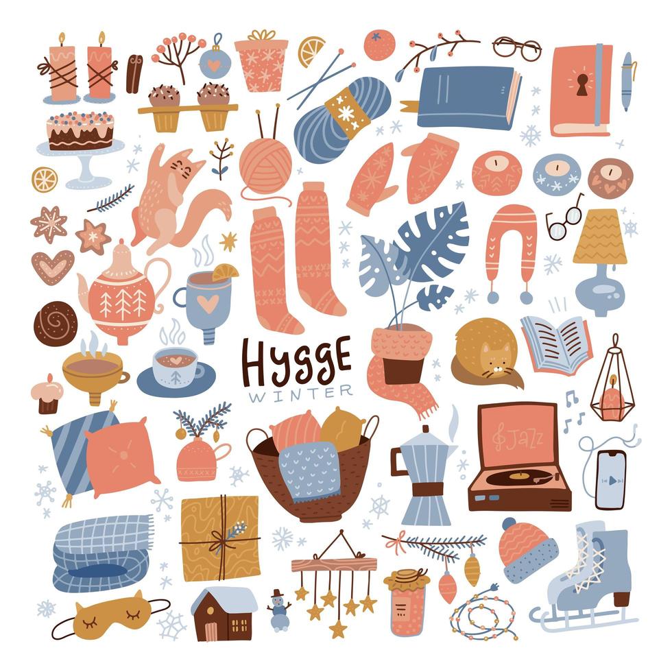 winter hygge clipart set. gezellige winter platte hand getekende illustratie voor srickers, logo, kaarten, posters, inwikkeling, scrapbooking, patronen. schattige warme huiselementencollectie. vectorillustratie. vector