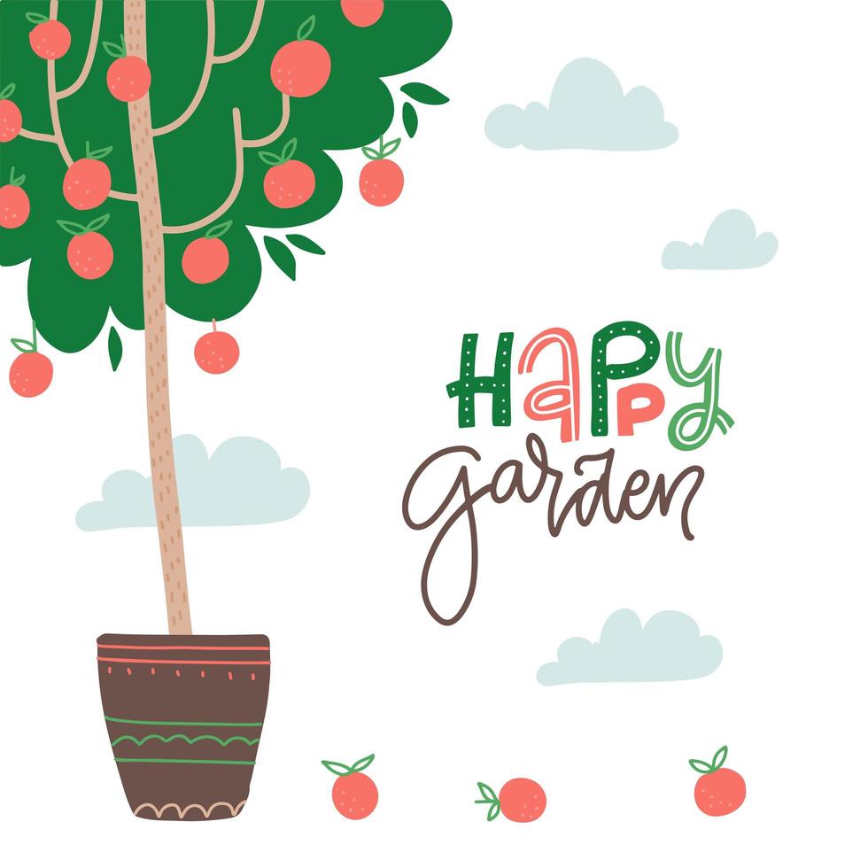 happy garden - belettering tekstkaart. handgeschreven tuinieren citaat met appels op de ingemaakte boom. vector platte hand getekende illustratie geïsoleerd op een witte achtergrond