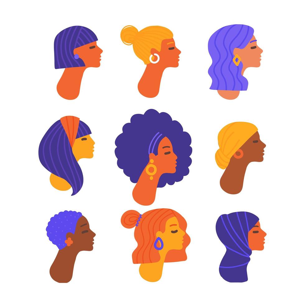 set vrouwelijke profielportretten of hoofden van vrouwelijke personages. verschillende nationaliteiten. blond, brunette, roodharige, afro-amerikaanse, aziatische, moslim, europese. verzameling avatars. vector plat