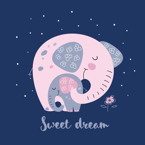 Olifant met een babyolifant in een leuke stijl. Mooie droom. Inscriptie. Vector