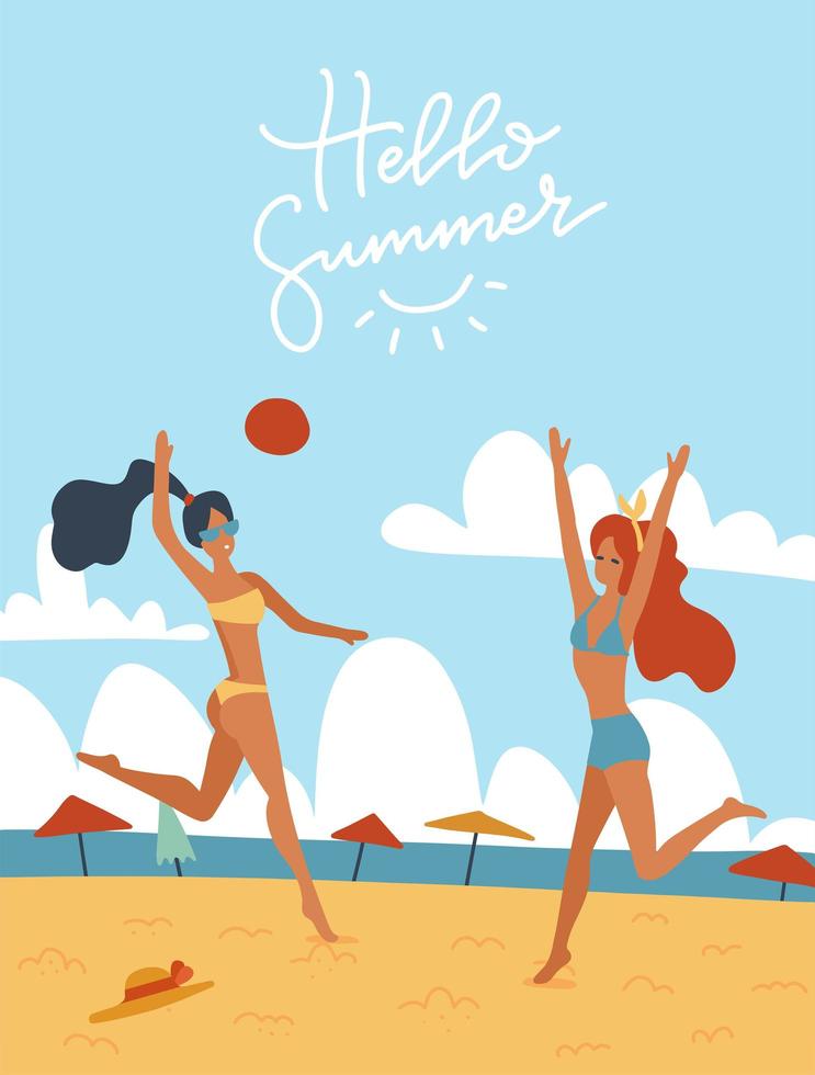 jonge vrouwen volleyballen samen op het strand vectorillustratie. gelukkige meisjes in bikini buitenactiviteiten. zomervakantie ontspannen rust. platte cartoonillustratie met belettering hallo zomer vector