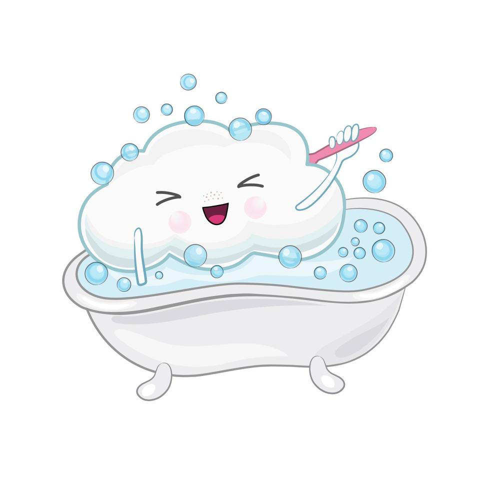schattige cartoon wolk baden in de badkamer. cartoon vectorillustratie. kawaii, geïsoleerde vectorillustratie voor kinderen, sticker. wolk illustratie. vector