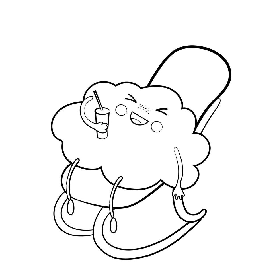schattig zwart-wit contour-getekende cartoon wolk in een schommelstoel met een drankje in de hand. cartoon vectorillustratie. kawaii, geïsoleerde vectorillustratie voor kinderen. wolk illustratie. vector