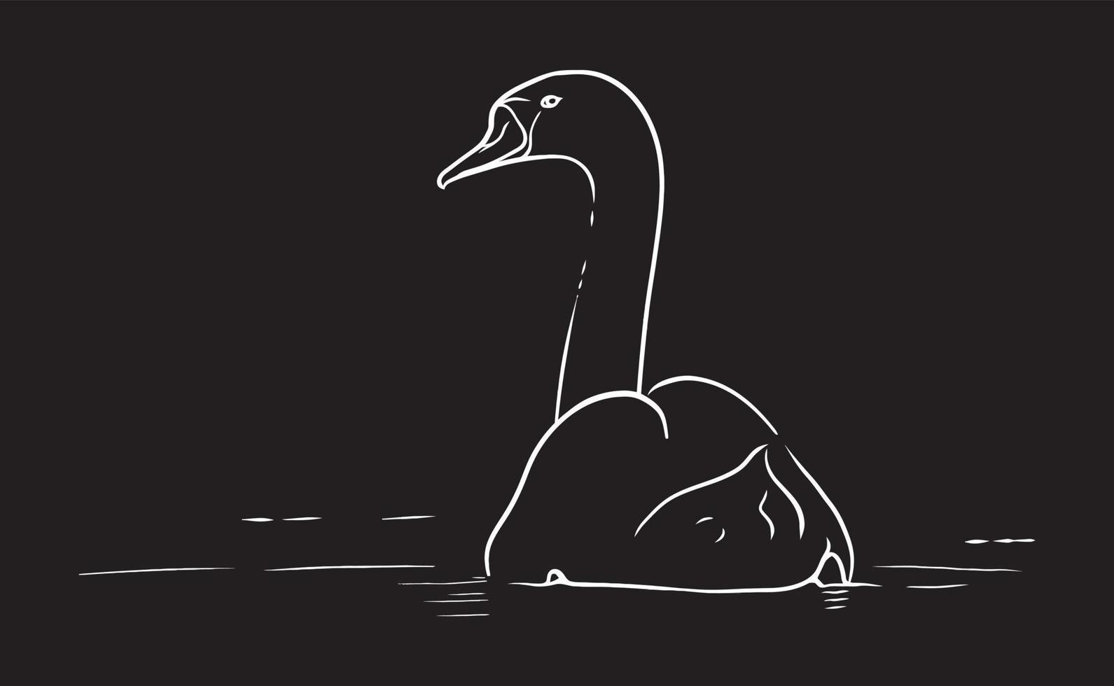 zwaan rustig zwemmen in het water, vector lijn kunst illustratie op zwarte achtergrond