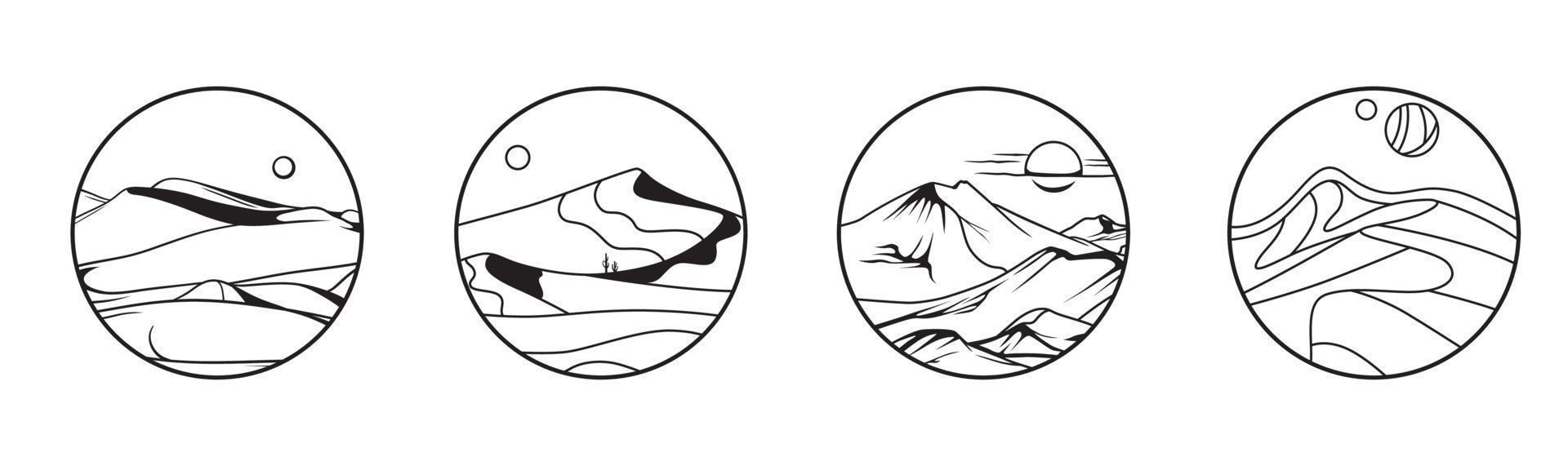 minimalistisch zwart wit rond logo met duinen en zon vector