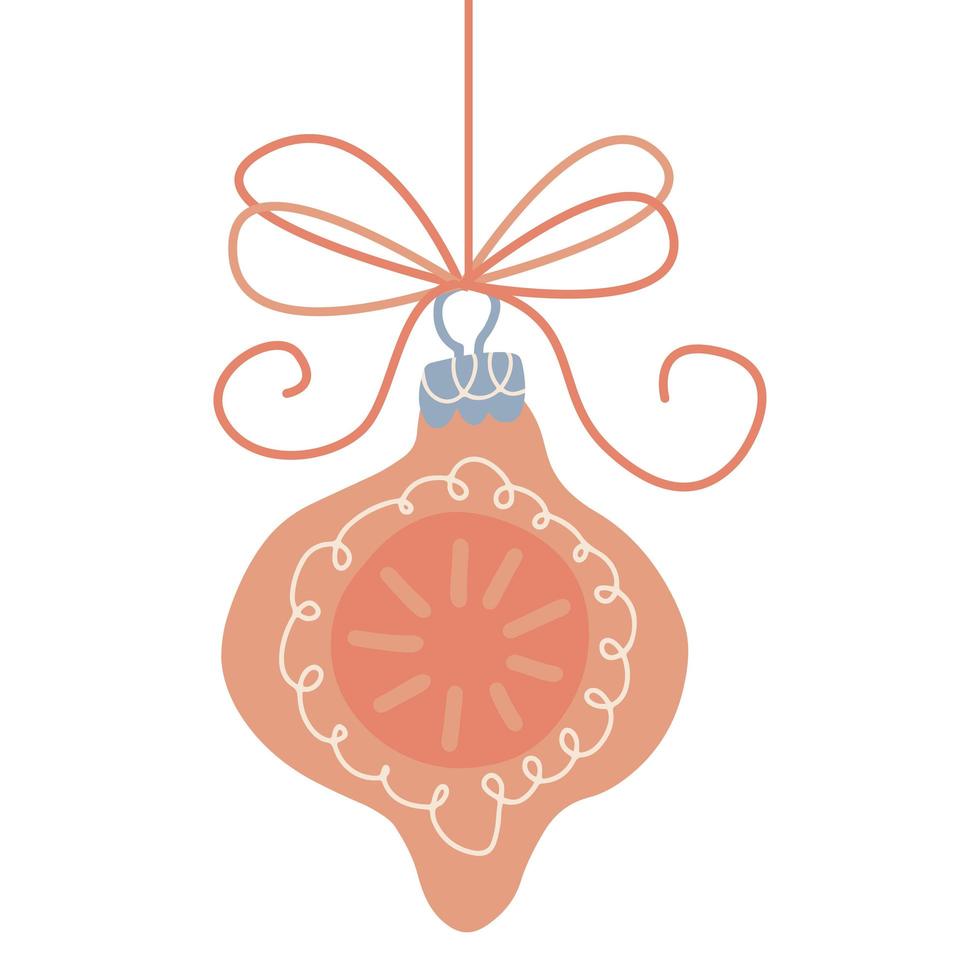 hangende kerstbal met lint en een strik voor kerstkaart. uit de vrije hand geïsoleerd element. platte vectorillustratie. slechts 5 kleuren - gemakkelijk opnieuw te kleuren. vector