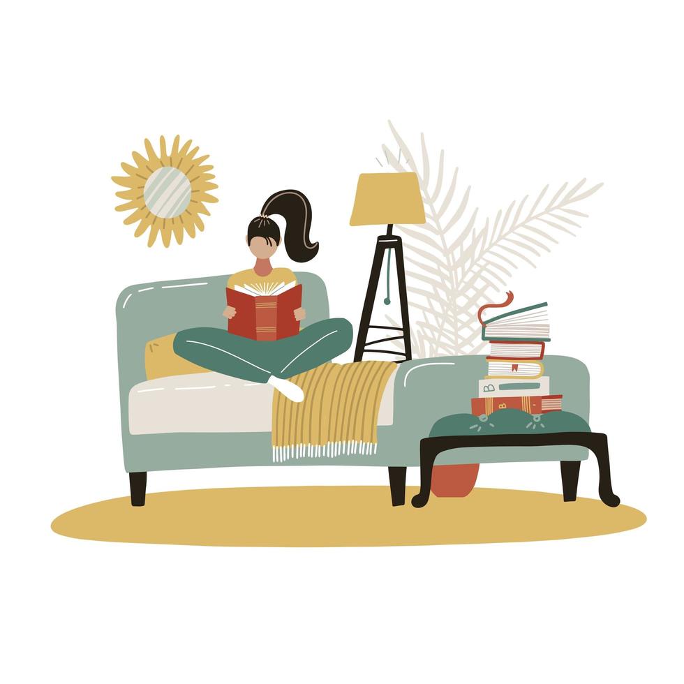 jonge vrouw leesboek in bed. ontspannen meisje comfortabel zittend op bed met deken en lezen. Scandinavische slaapkamer. gezellig modern interieur. concept van thuiscomfort. platte vectorillustratie vector