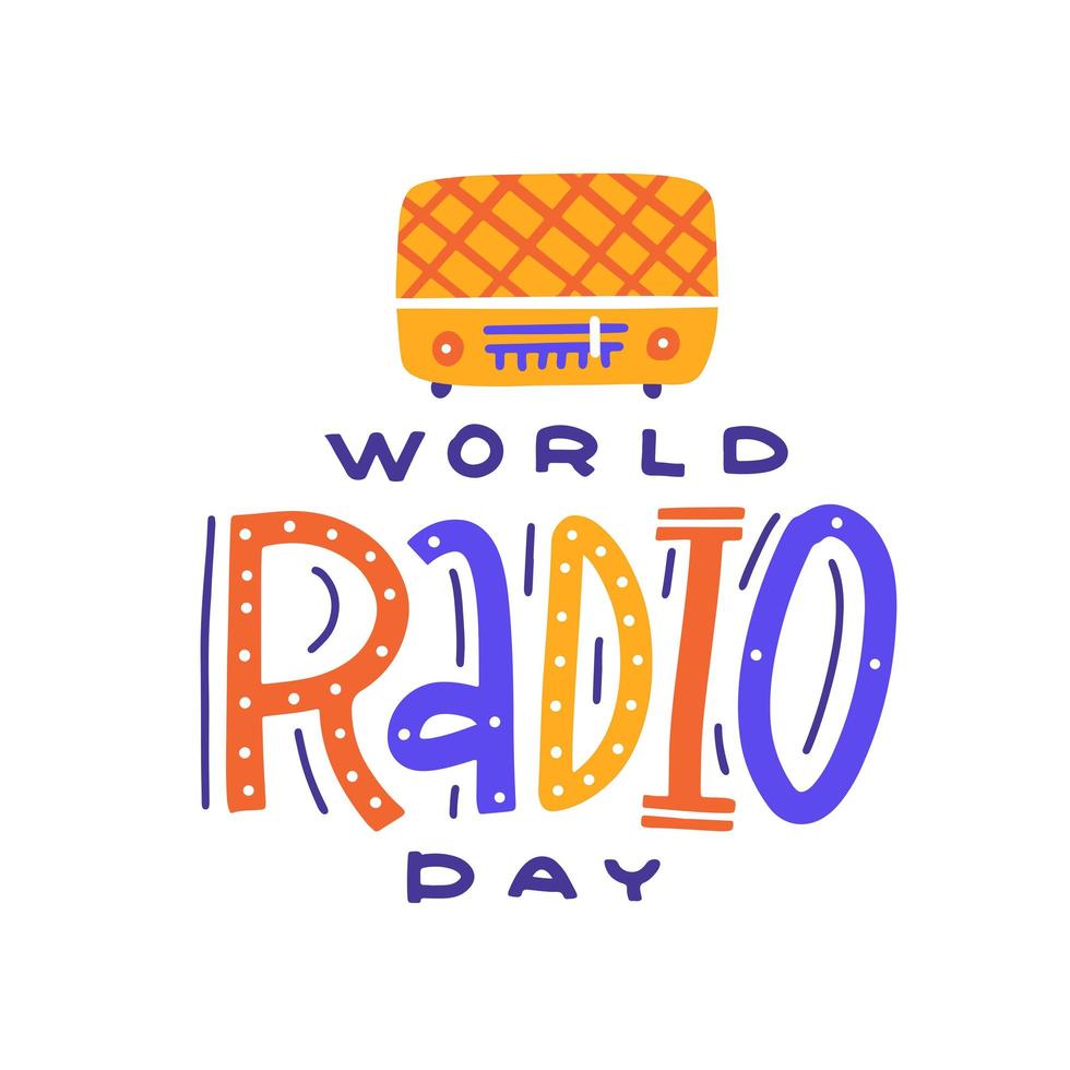 wereld radio dag. oude stijl radio met heldere belettering tekst. vector platte hand getekende illustratie.