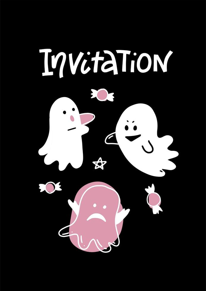 schattige geesten vectorillustratie. Halloween-wenskaart, witte tekens op zwarte achtergrond, lege ruimte voor typografie, perfect voor uitnodiging, flyer of evenementposter. belettering tekst uitnodiging. vector