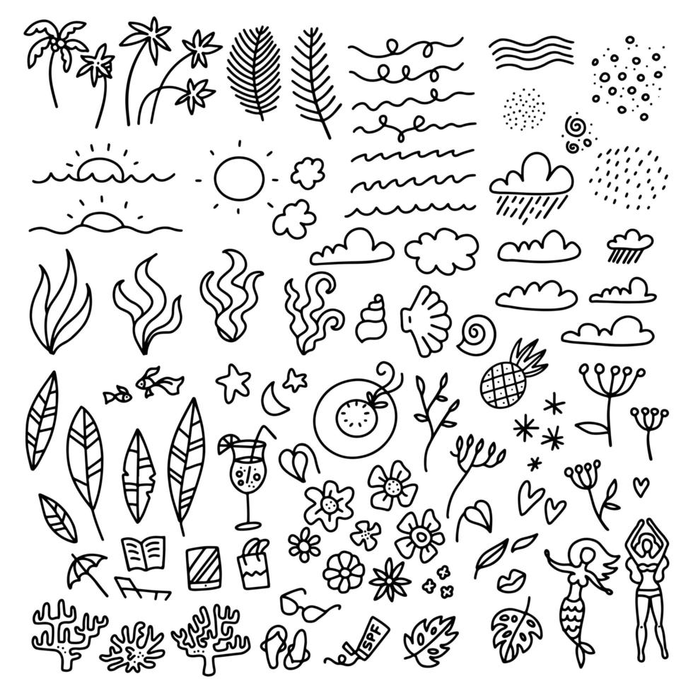 lijn kunst vector hand getrokken doodle set zomertijd seizoen objecten en symbolen. eenvoudige lineaire afbeelding. minimalistische collectie.